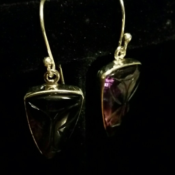 .925 Silver Hand Carved Rainbow Flourite Earrings - Picture 4 of 5